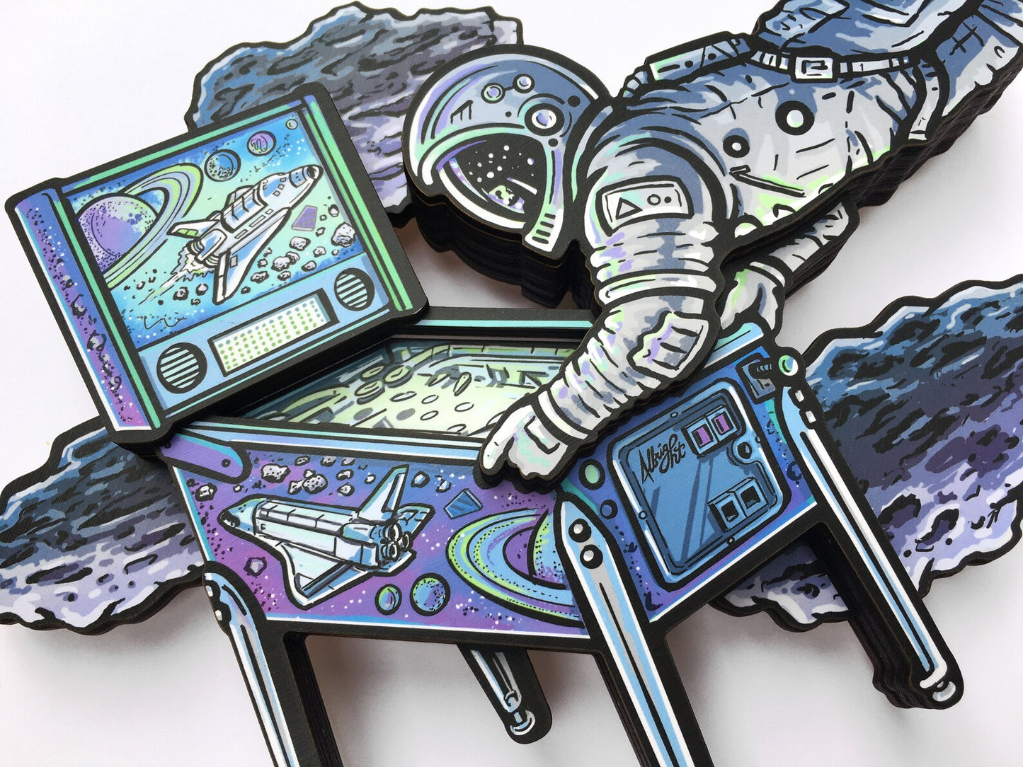 Houston, We Have A Pinball - Dimensional Woodcut Astronaut