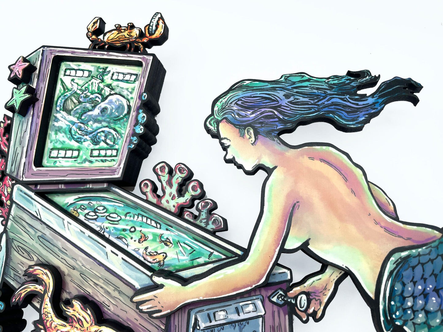 Mermaid Pinball Woodcut - Dimensional Wall Art