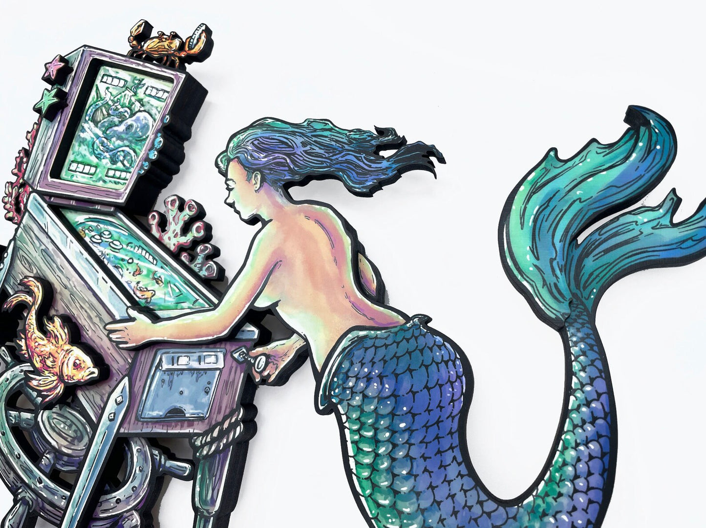 Mermaid Pinball Woodcut - Dimensional Wall Art