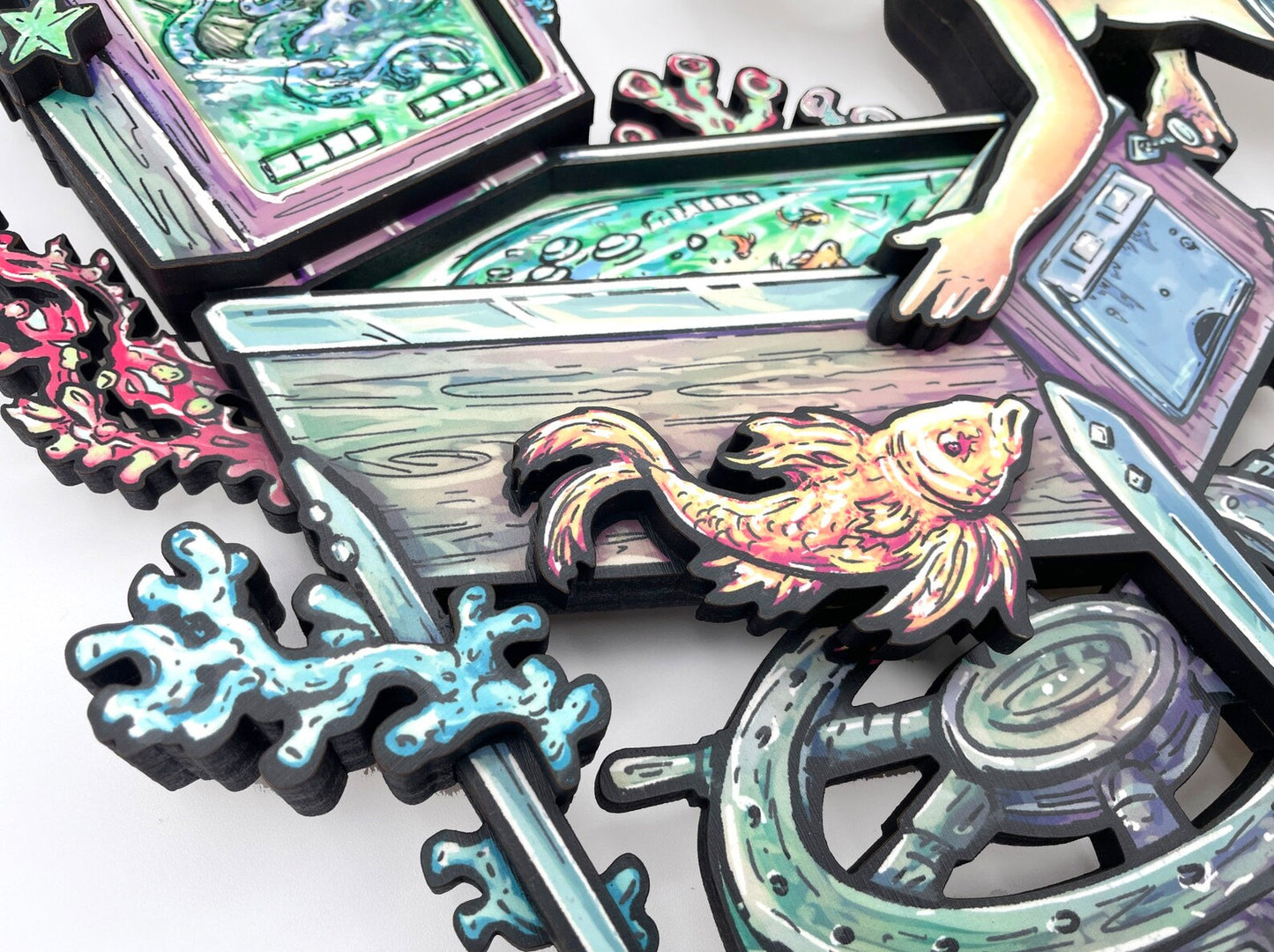 Mermaid Pinball Woodcut - Dimensional Wall Art