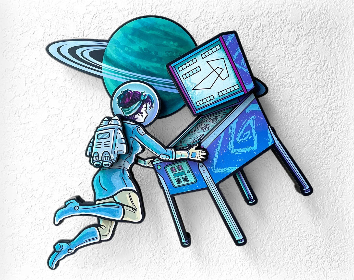 Space Girl Pinball Woodcut - Dimensional Wall Art