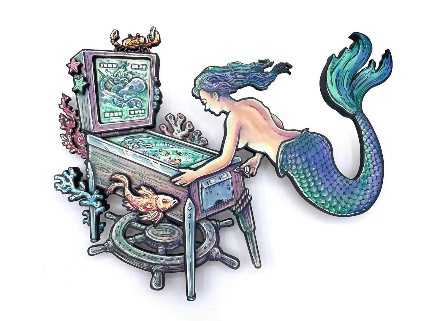 Mermaid Pinball Woodcut - Dimensional Wall Art