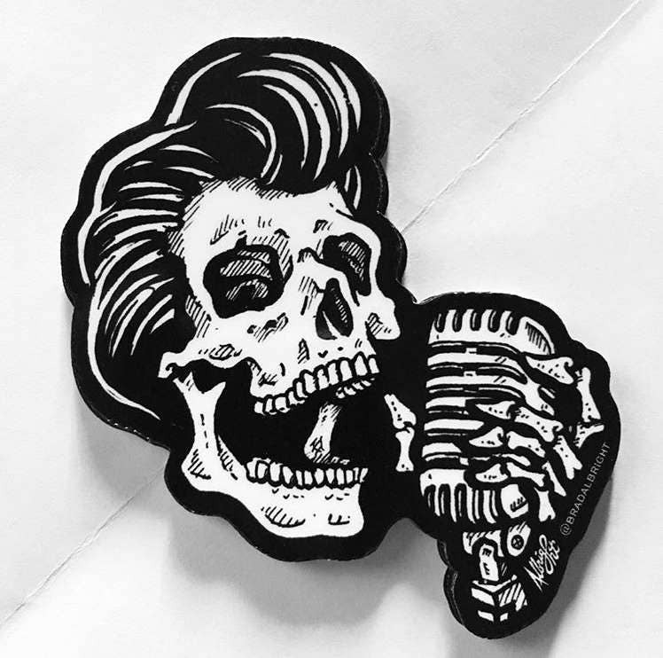 Greaser Rockabilly Skull Sticker Decal - Skull Singer with Vintage Microphone