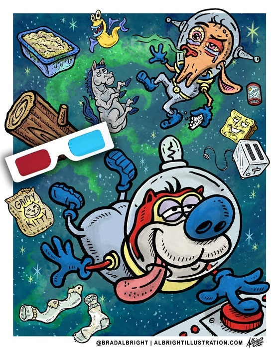 REN & STIMPY 3D Poster w/ Glasses - Space Madness 3D Anaglyph Illustration - Signed by the Artist
