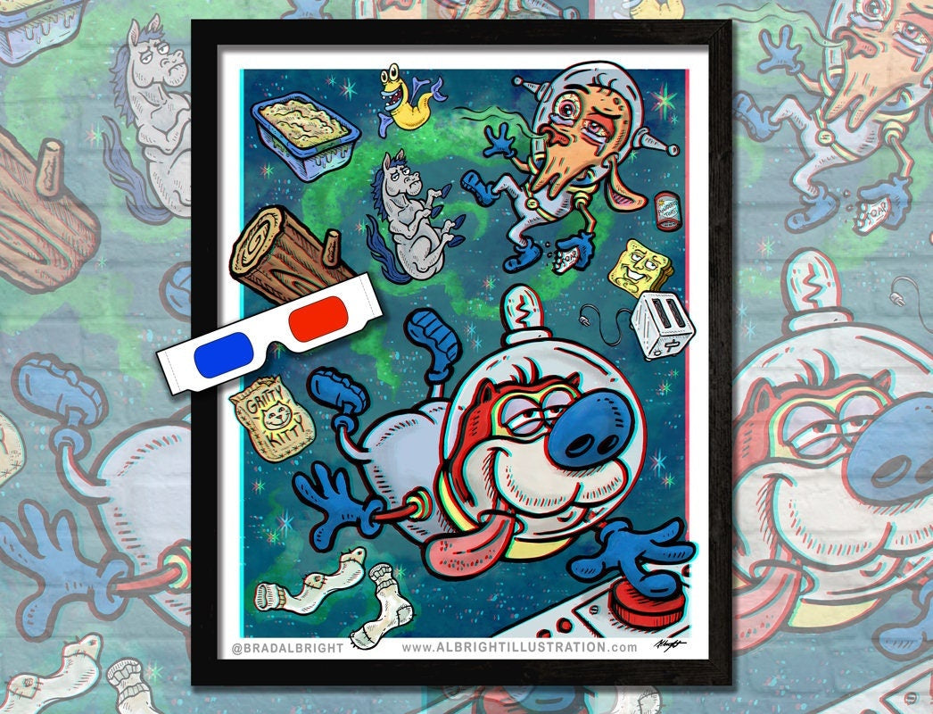 REN & STIMPY 3D Poster w/ Glasses - Space Madness 3D Anaglyph Illustration - Signed by the Artist