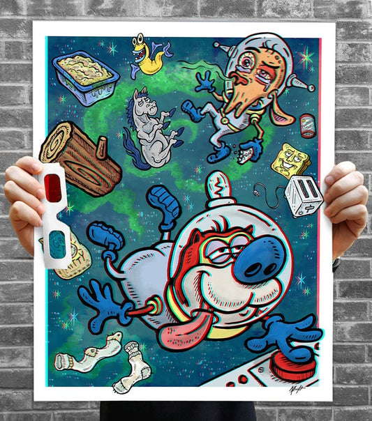 REN & STIMPY 3D Poster w/ Glasses - Space Madness 3D Anaglyph Illustration - Signed by the Artist