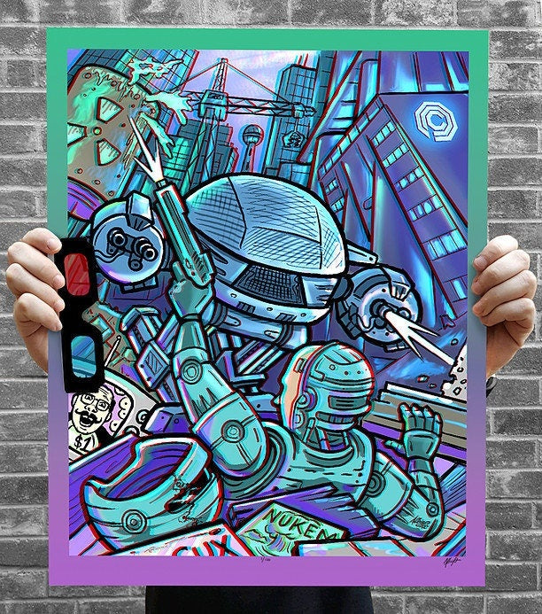 Robocop vs ED-209 Battle in New Detroit - 3D Poster with Glasses - Limited Edition Archival Anaglyph Print