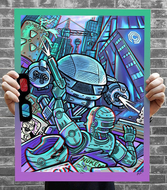 Robocop vs ED-209 Battle in New Detroit - 3D Poster with Glasses - Limited Edition Archival Anaglyph Print