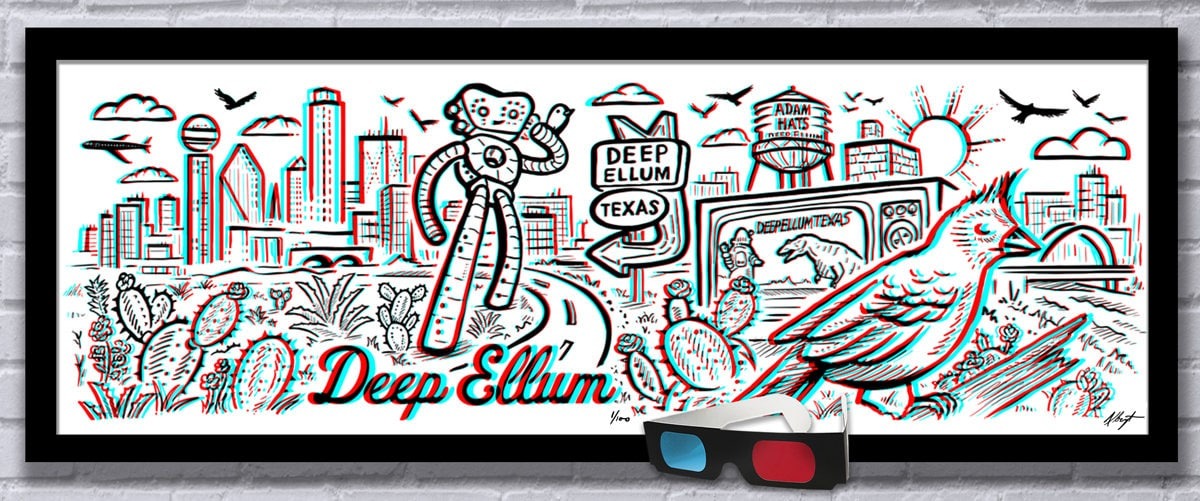 DEEP ELLUM TX - Old School 3D Panoramic Poster with red/blue Glasses - 11.75x36" - Signed Limited Edition Art Print