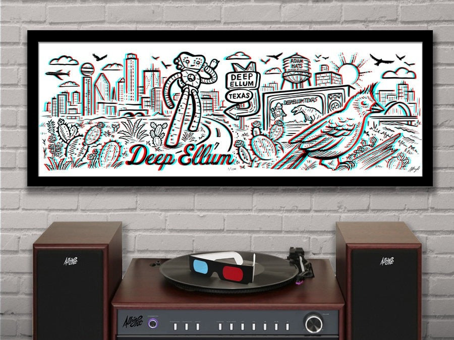DEEP ELLUM TX - Old School 3D Panoramic Poster with red/blue Glasses - 11.75x36" - Signed Limited Edition Art Print
