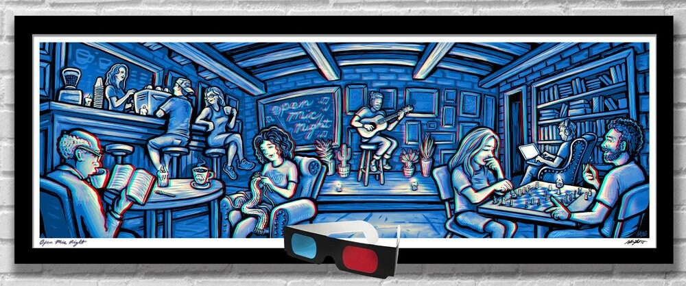 OPEN MIC NIGHT - 3D Panoramic Acoustic Coffee Shop Illustration with red/blue Glasses - 11.75x36" - Signed Limited Edition Art Print