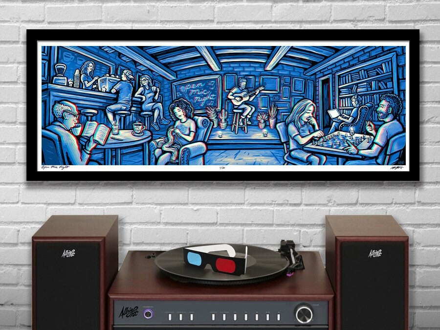 OPEN MIC NIGHT - 3D Panoramic Acoustic Coffee Shop Illustration with red/blue Glasses - 11.75x36" - Signed Limited Edition Art Print