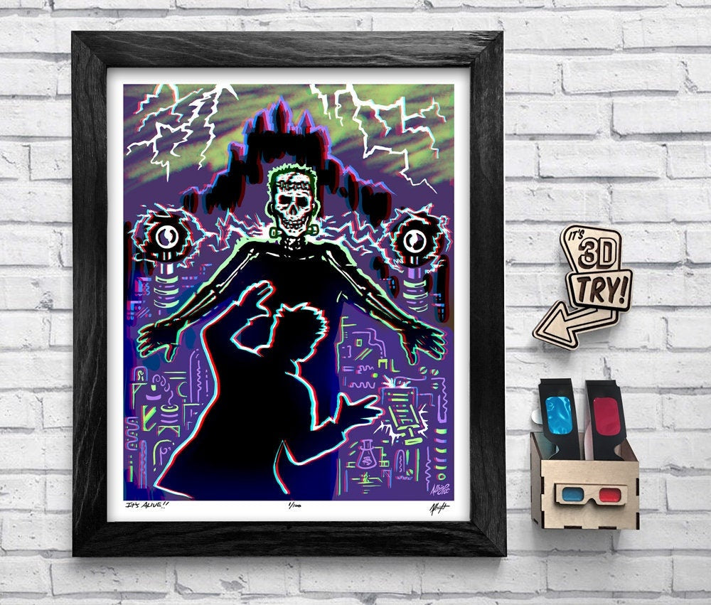 It's Alive!! Frankenstein's Monster - 3D Poster with Glasses - Limited Edition Anaglyph Illustration - Signed by the Artist