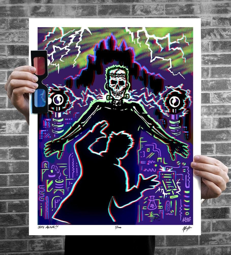 It's Alive!! Frankenstein's Monster - 3D Poster with Glasses - Limited Edition Anaglyph Illustration - Signed by the Artist