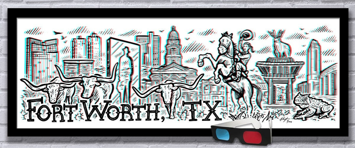 Fort Worth, TX - Old School 3D Panoramic Poster with red/blue Glasses - 11.75x36" - Signed Limited Edition Art Print