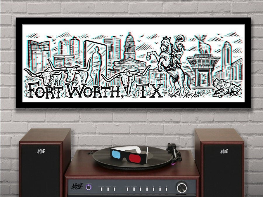 Fort Worth, TX - Old School 3D Panoramic Poster with red/blue Glasses - 11.75x36" - Signed Limited Edition Art Print
