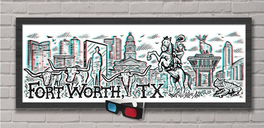 Fort Worth, TX - Old School 3D Panoramic Poster with red/blue Glasses - 11.75x36" - Signed Limited Edition Art Print