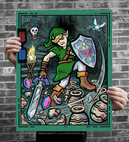 Link Breaking Pots - Zelda Ocarina of Time - Limited Edition 3D Anaglyph Poster Illustration - Giclee Print Signed by the Artist