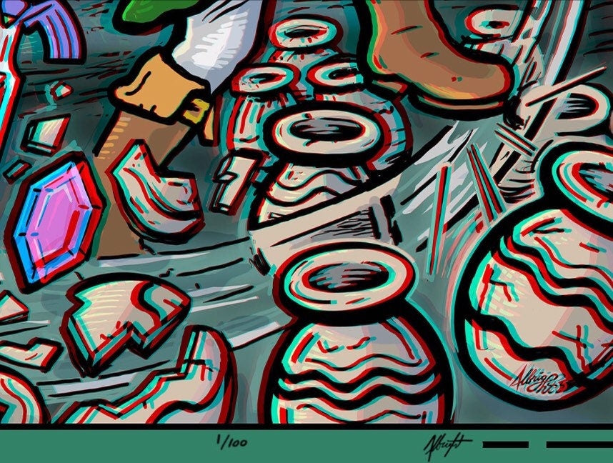 Link Breaking Pots - Zelda Ocarina of Time - Limited Edition 3D Anaglyph Poster Illustration - Giclee Print Signed by the Artist