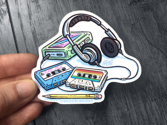 Walkman, Rad Mix Cassette + Headphones Sticker - Rad Retro Music Illustration - Water Resistant Decal