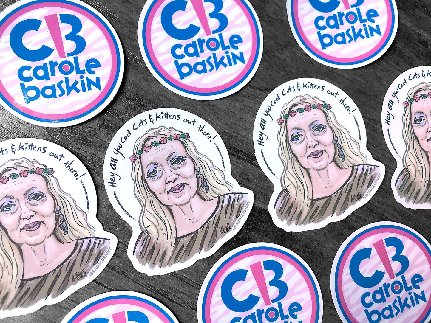 Carole Baskin Robbins & Midsommar Carole - Tiger King 2-for-1 Sticker Illustration - Water Resistant Decals