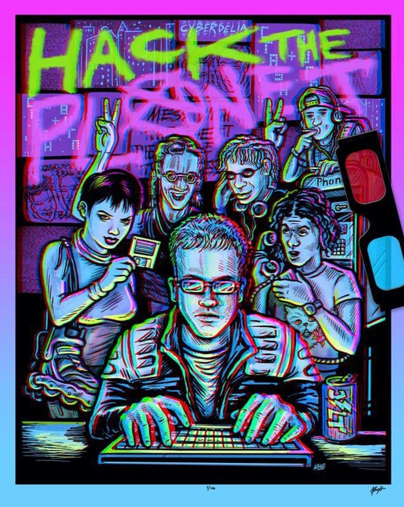 HACK THE PLANET!! 3D Hackers Movie Poster with Glasses - Signed Archival Anaglyph Illustration Print