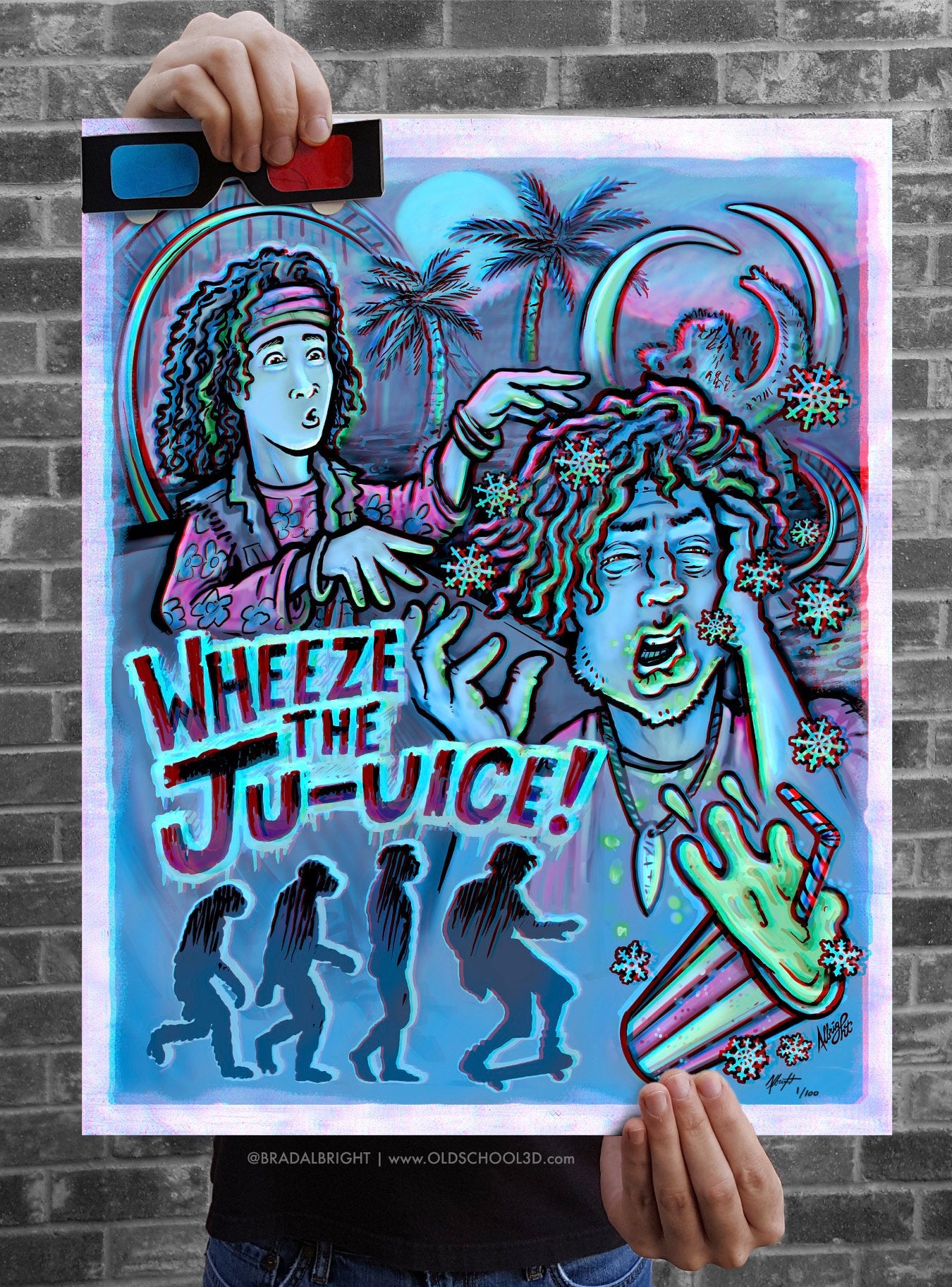 Wheeze The Juice! Encino Man Tribute - Ltd Edition 3D Movie Poster with Glasses - Signed Archival Anaglyph Illustration Print