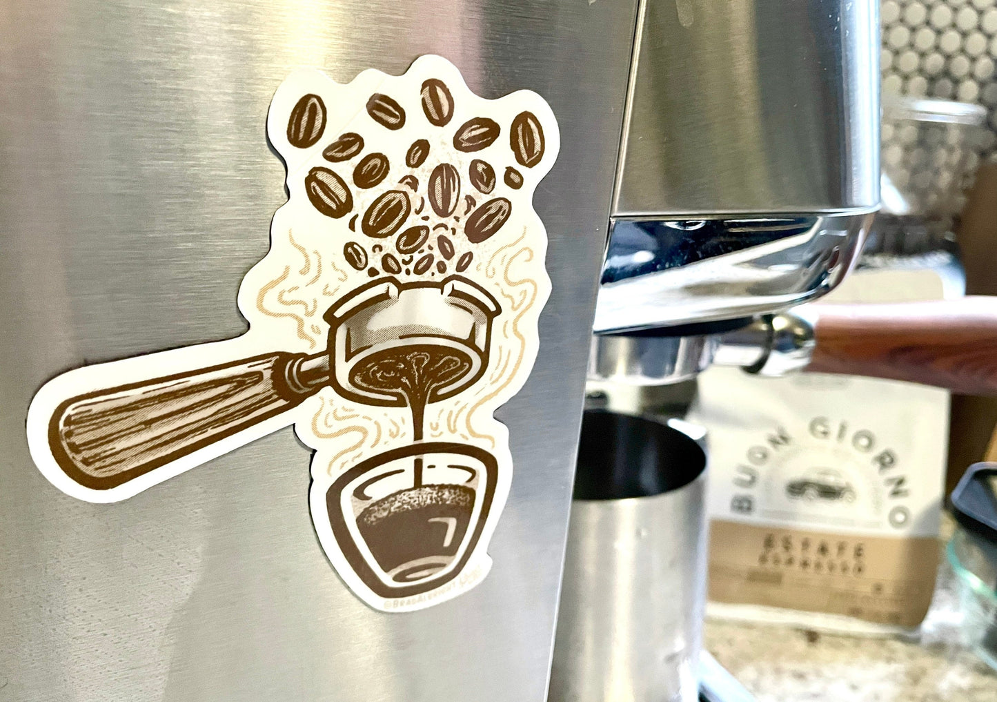 Espresso Shot & Portafilter Illustration - Stickers and Magnets - Waterproof Decals - FREE US SHIPPING