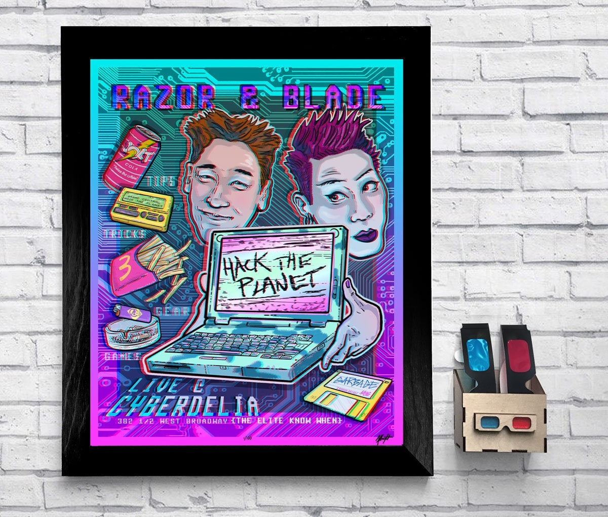 Razor & Blade at Cyberdelia - HACK THE PLANET!! Ltd Edition 3D Hackers Movie Poster with Glasses - Signed and Numbered