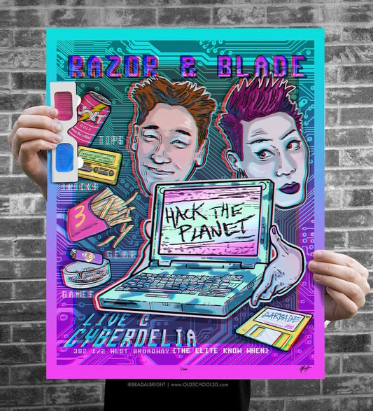 Razor & Blade at Cyberdelia - HACK THE PLANET!! Ltd Edition 3D Hackers Movie Poster with Glasses - Signed and Numbered