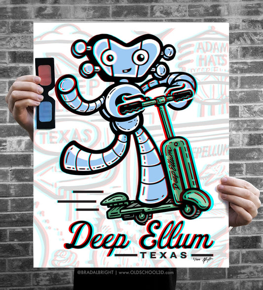 Deep Ellum Traveling Man on Scooter - Poster Illustration - Numbered LTD Edition - Signed by the Artist