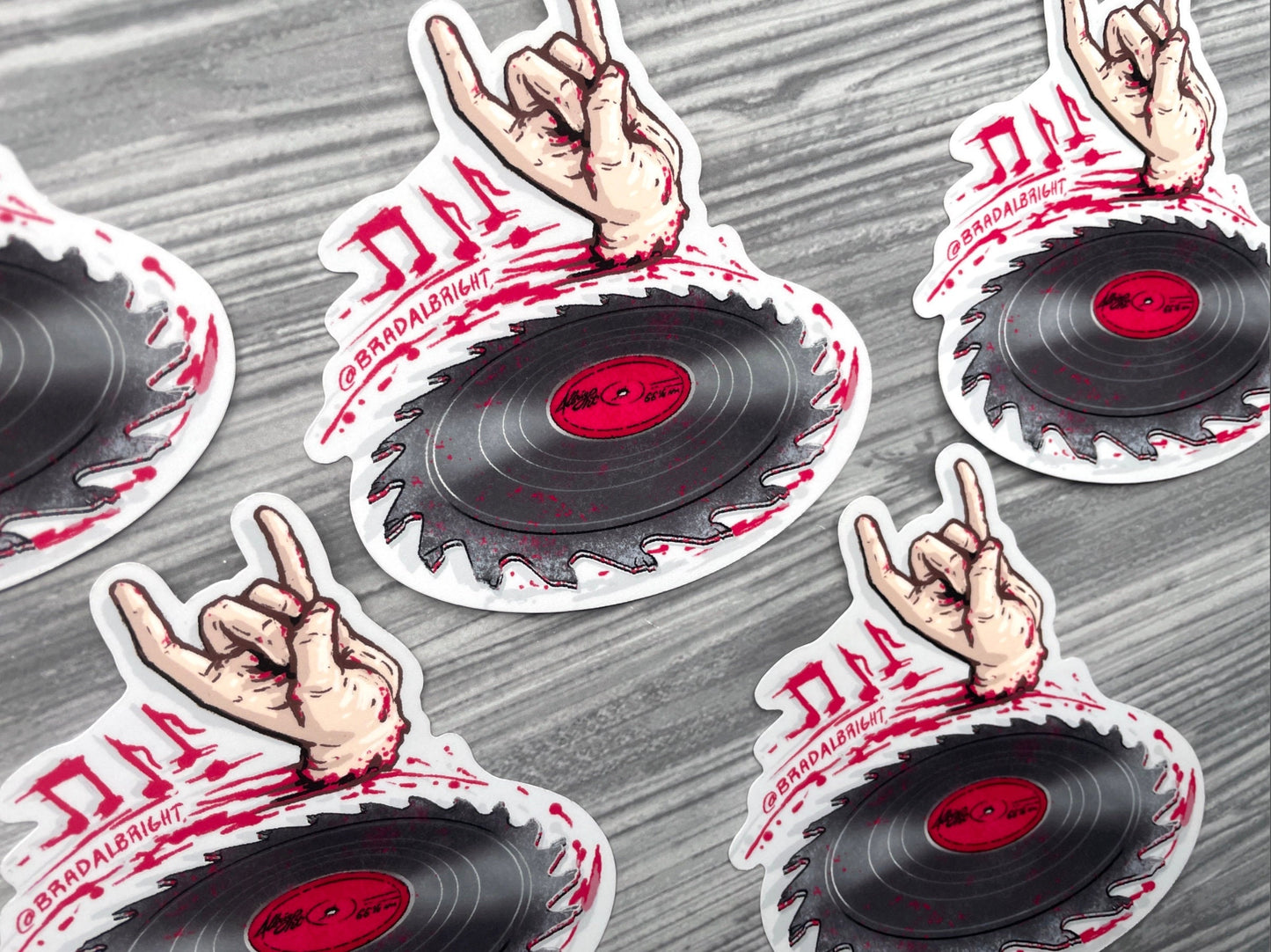 Sawblade Vinyl Record Illustration - Heavy Metal Rock Hand - Waterproof Decals & Flexible Magnets