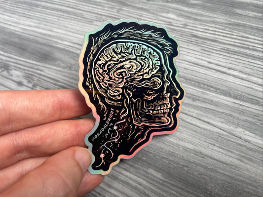 Psychedelic Brainy Skull Sticker Decal - Rainbow Foil