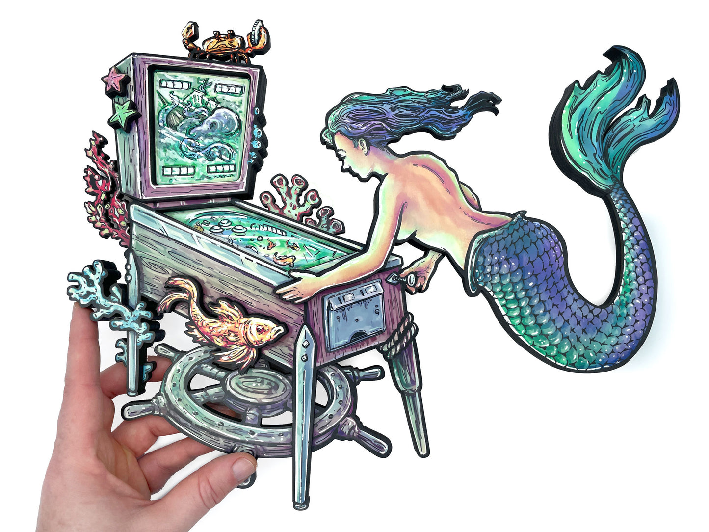 Mermaid Pinball Woodcut - Dimensional Wall Art