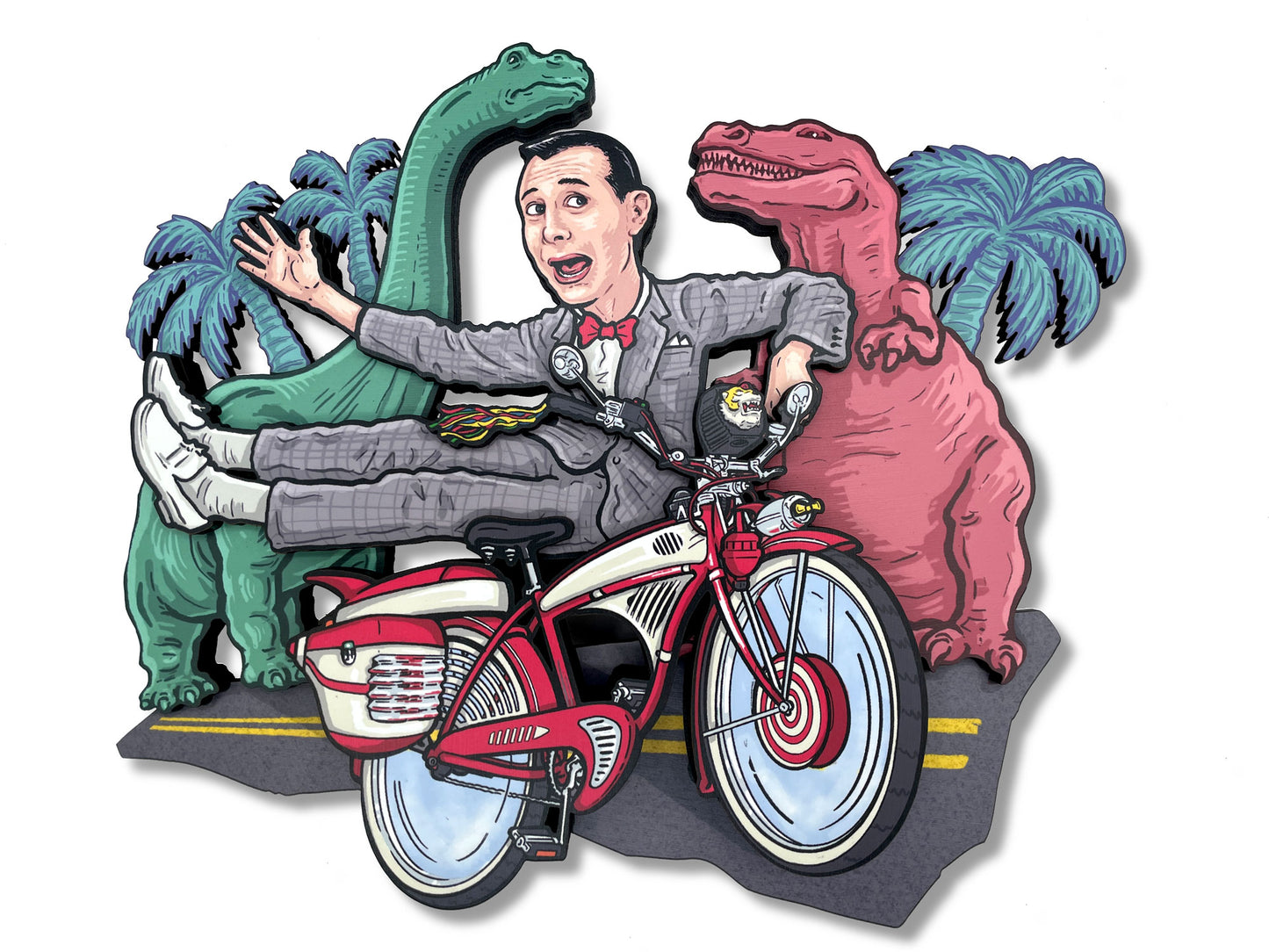 Pee Wee's Bike & Dinosaurs Woodcut - 3D Layered Wall Art