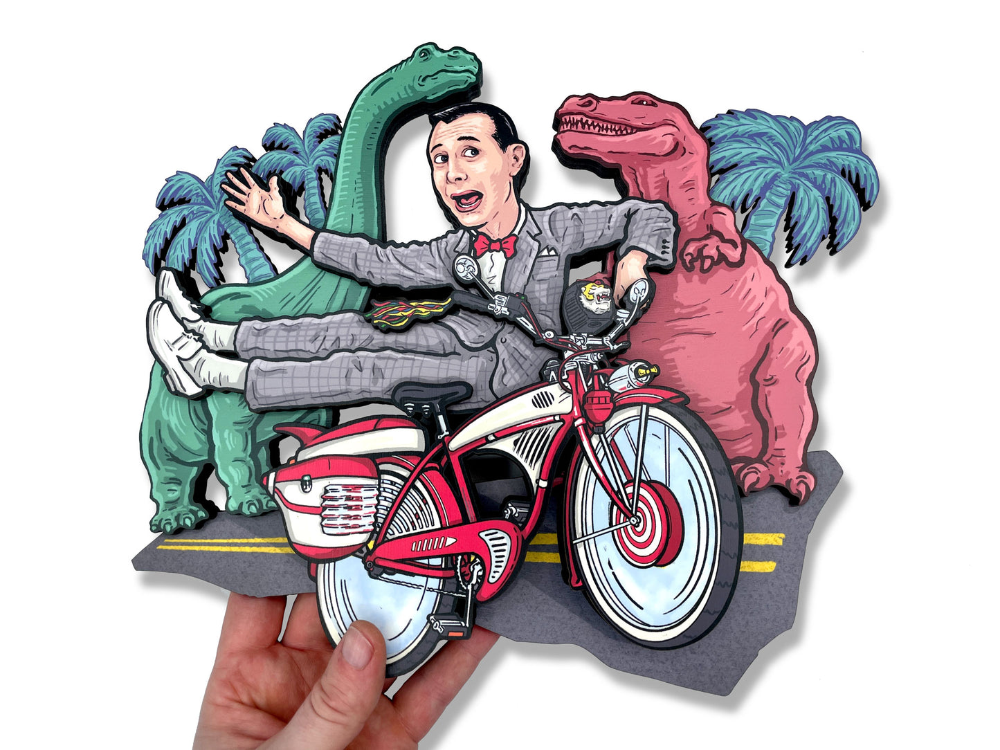 Pee Wee's Bike & Dinosaurs Woodcut - 3D Layered Wall Art