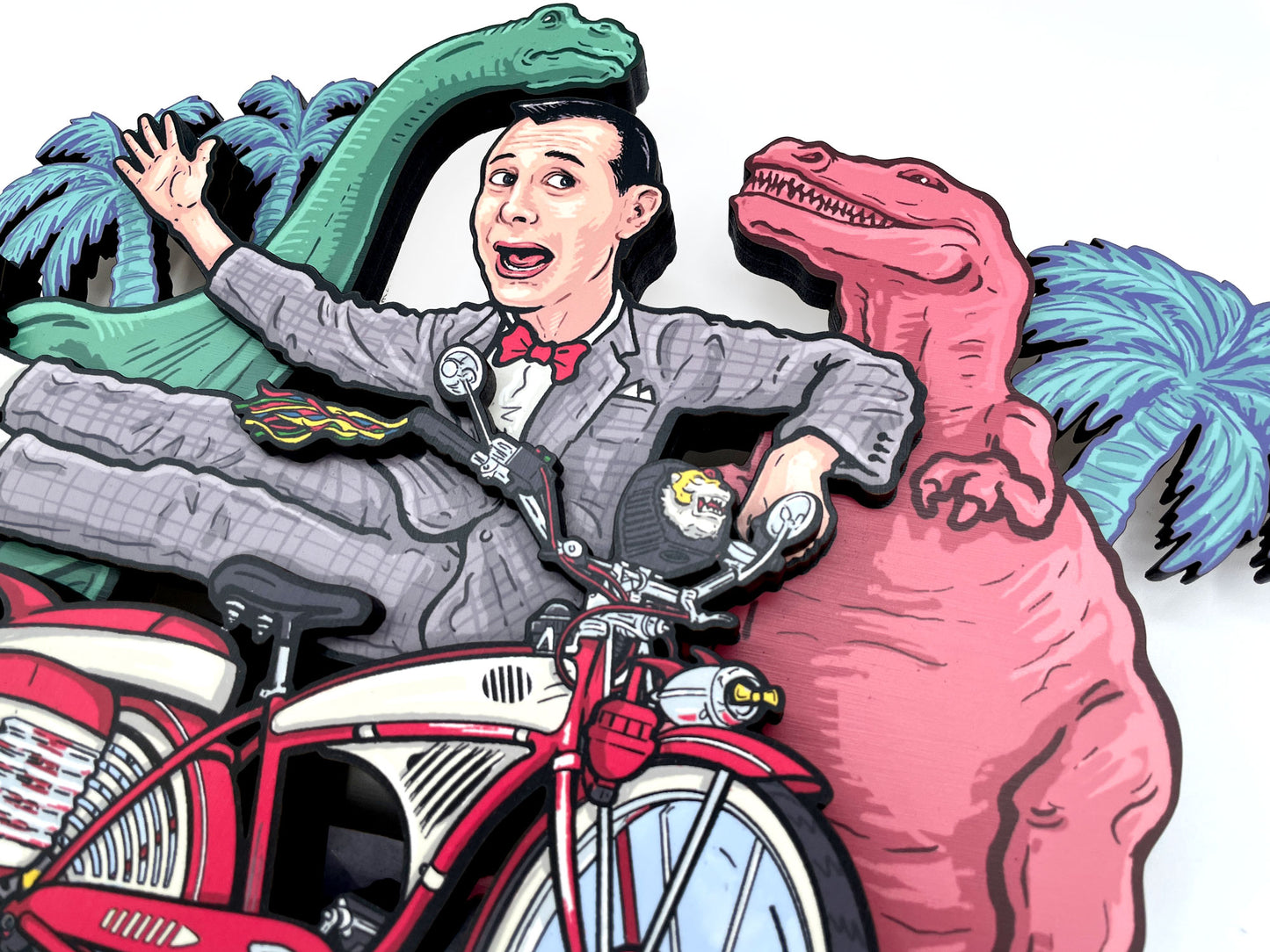 Pee Wee's Bike & Dinosaurs Woodcut - 3D Layered Wall Art