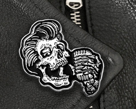 Rockabilly Greaser Lapel Pin - Greaser Skull w/ Vintage Microphone