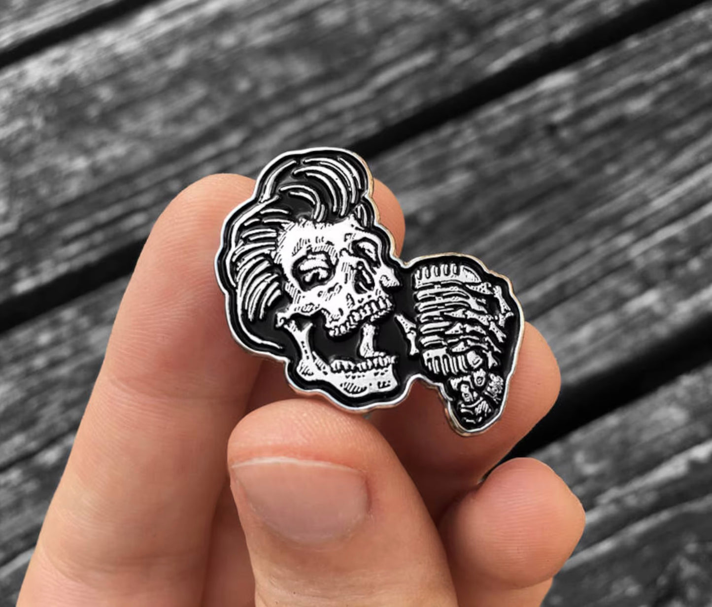 Rockabilly Greaser Lapel Pin - Greaser Skull w/ Vintage Microphone