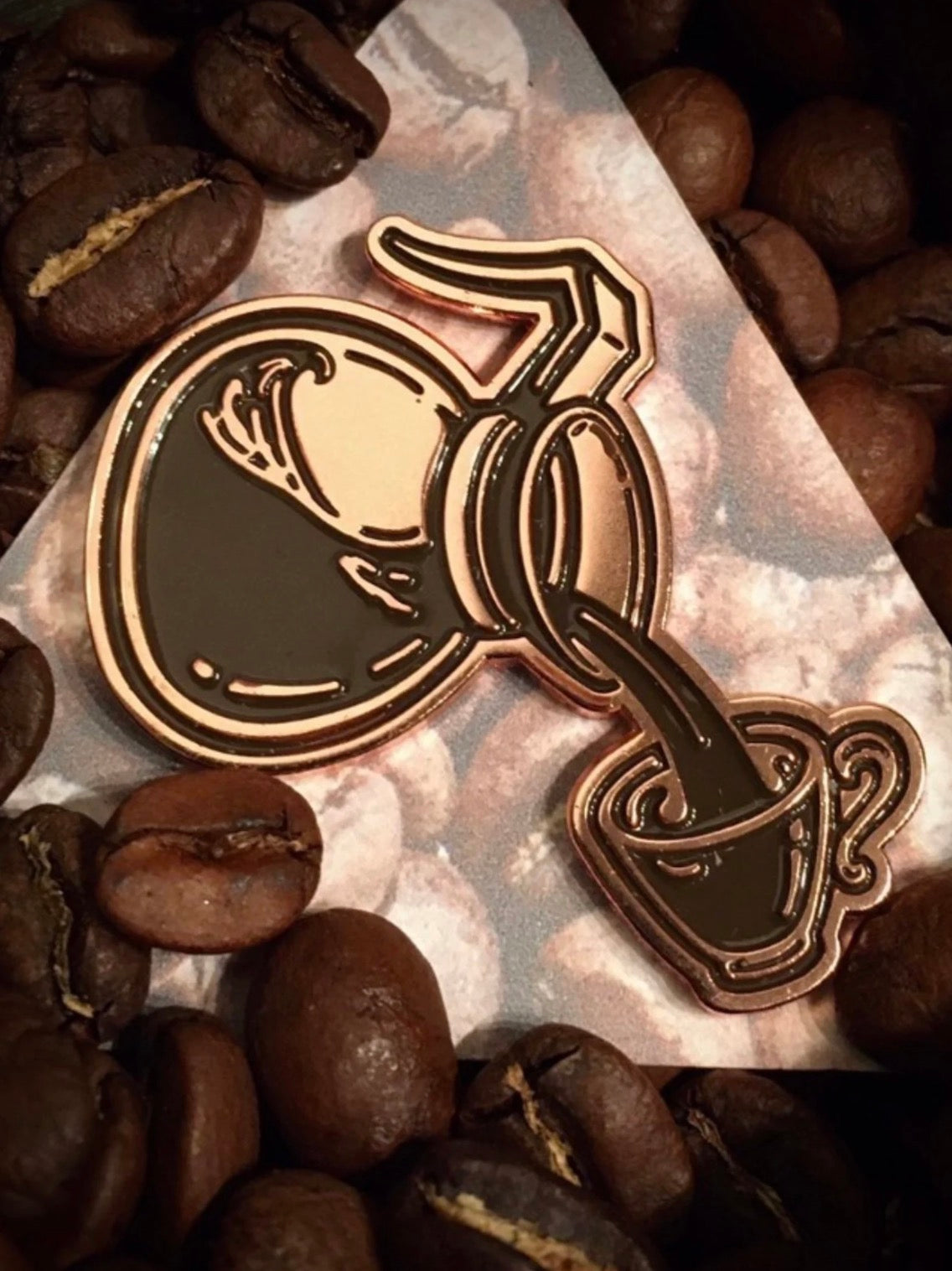 Coffee Pot Lapel Pin - Antique Bronze & Dark Chocolate Enamel - Fresh Pots