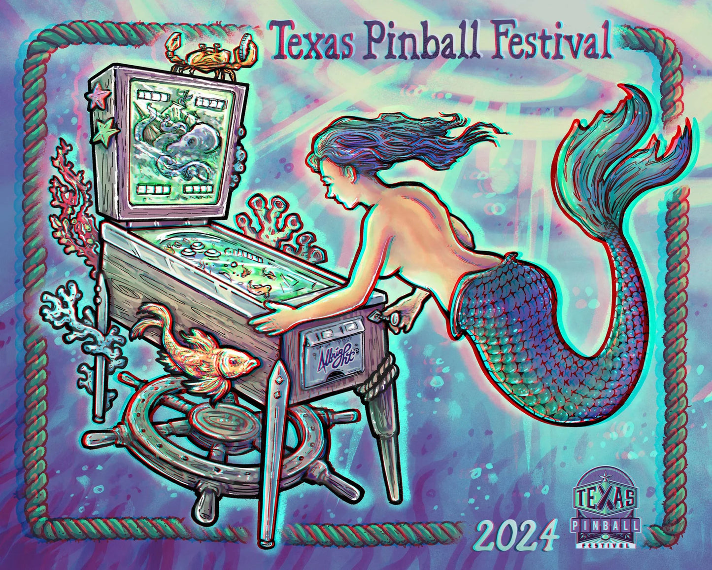 Texas Pinball Festival 2024 - 3D Poster with Glasses - Ltd Edition Mermaid Pinball Art