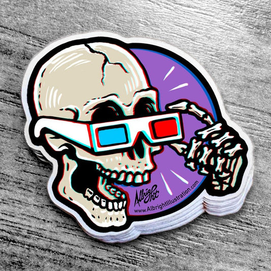 3D Glasses Skull Sticker - Skull Wearing 3D Glasses - Decal - FREE US SHIPPING