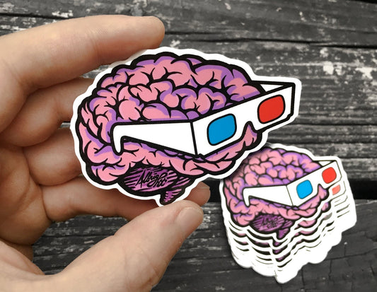 Brain Sticker Decal - Brain Wearing 3D Glasses - FREE US SHIPPING