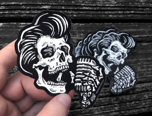 Greaser Rockabilly Skull Sticker Decal - Skull Singer with Vintage Microphone - FREE US SHIPPING