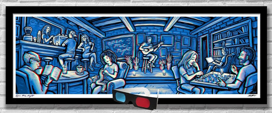 OPEN MIC NIGHT -  3D Panoramic Acoustic Coffee Shop Illustration with red/blue Glasses - 11.75x36" - Signed Limited Edition Art Print