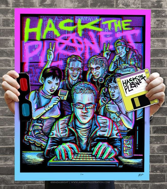 HACK THE PLANET!! 3D Hackers Movie Poster with Glasses - Signed Archival Anaglyph Illustration Print