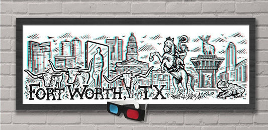 Fort Worth, TX - Old School 3D Panoramic Poster with red/blue Glasses - 11.75x36" - Signed Limited Edition Art Print