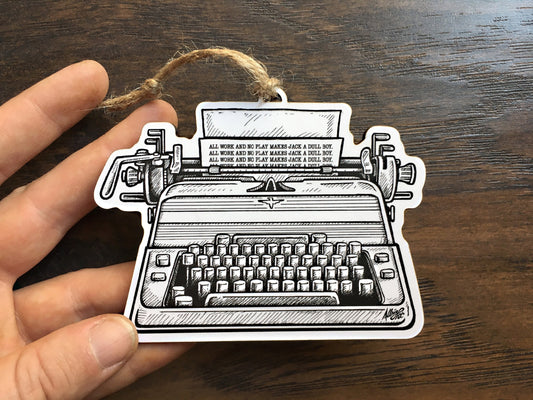 All Work And No Play - Typewriter Christmas Ornament - Hand Drawn Wood Ornament