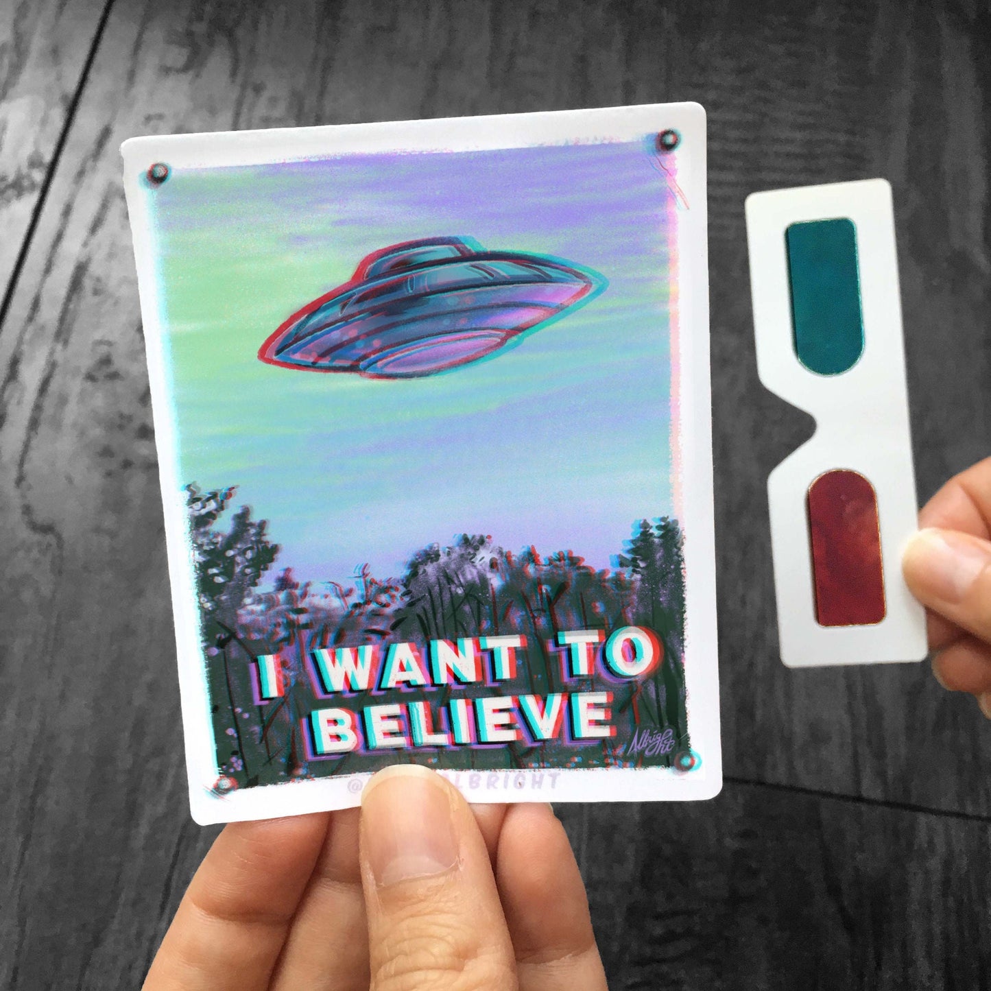 I Want To Believe Sticker with Mini 3D Glasses - Mulder UFO Mini Poster - Weatherproof Decal