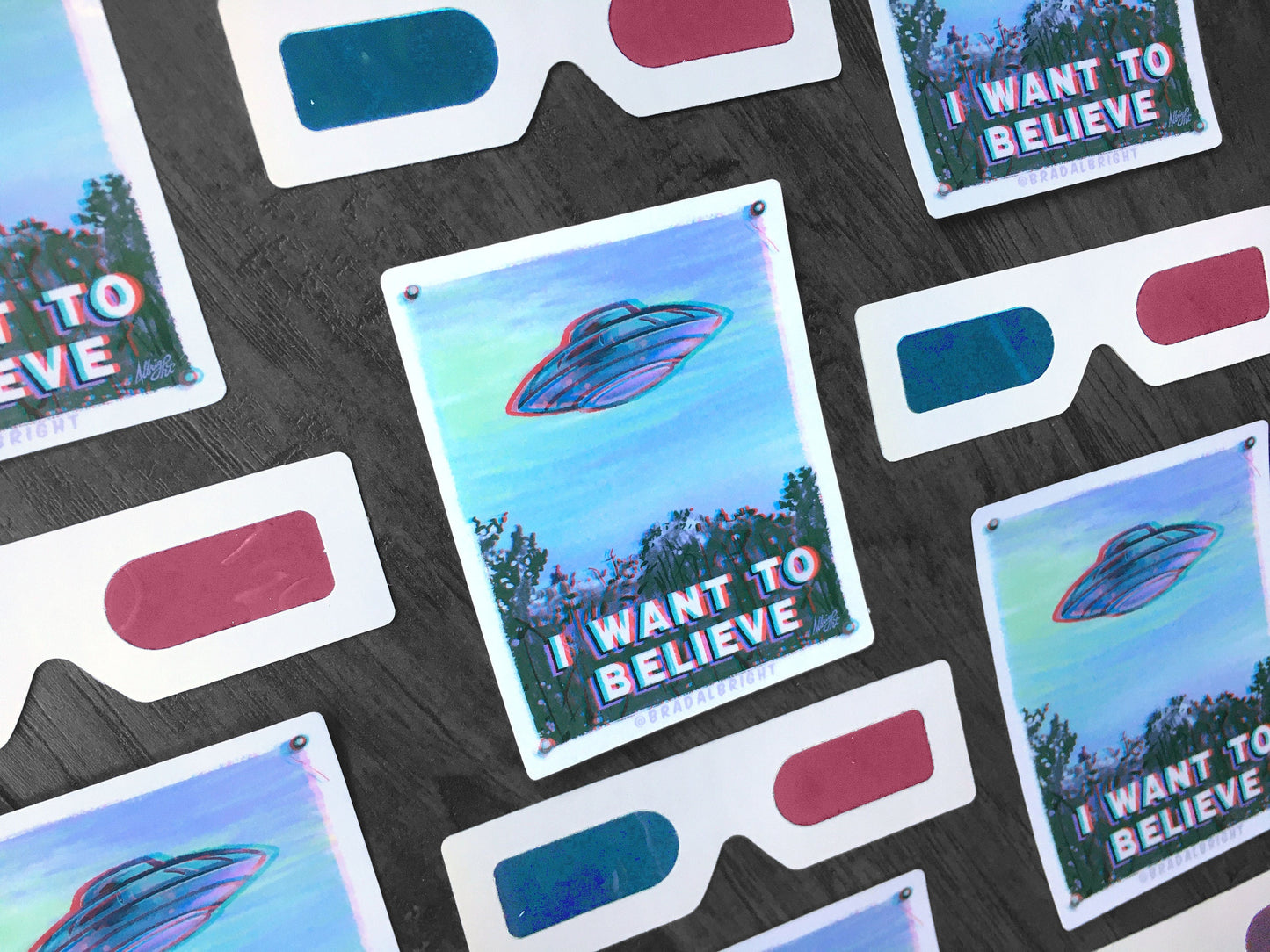 I Want To Believe Sticker with Mini 3D Glasses - Mulder UFO Mini Poster - Weatherproof Decal